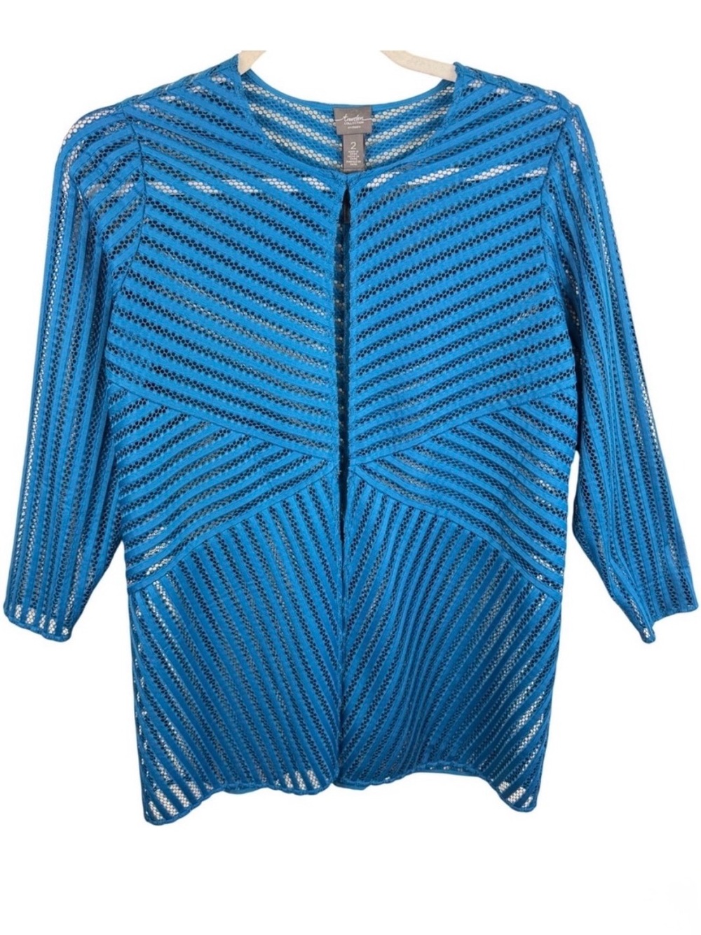 Chicos Travelers Blue Mesh Lace Open Front Cardigan Jacket 3/4 Sleeve Size 2 L